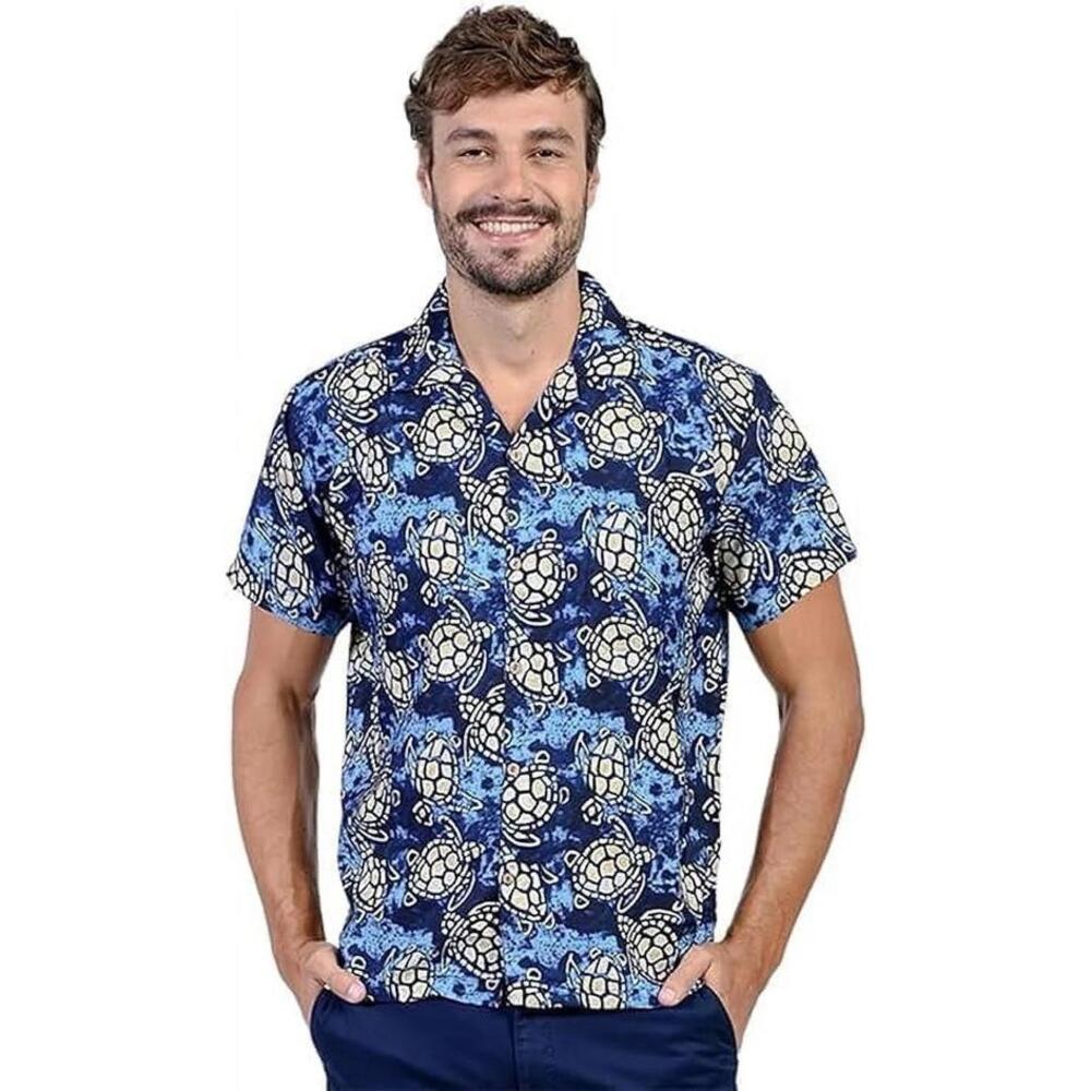 InGear Short Sleeve Shirt Men's Turtle Print Blue Tones XXL EUC